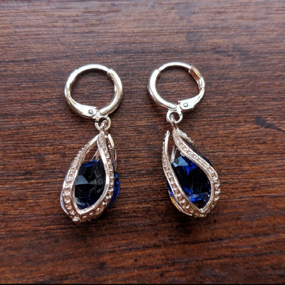 Blue Crystal Gold Cage Earrings